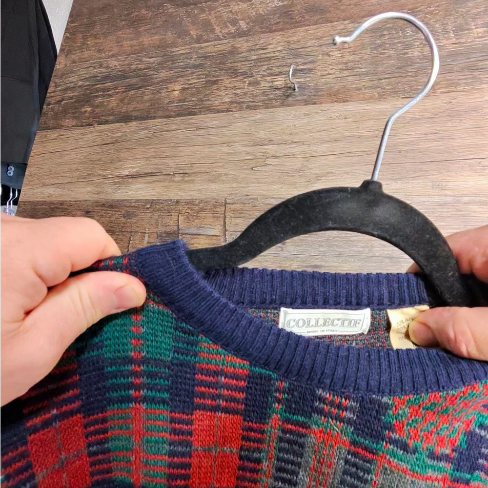 Collectif Men's Red Navy and Green Plaid Crewneck Wool Blend Sweater - Picture 7 of 9
